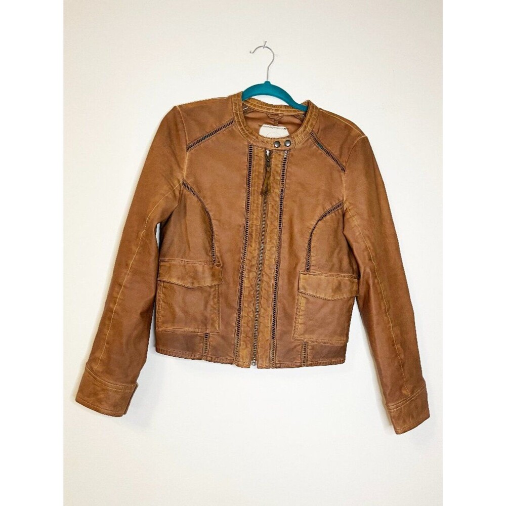Hei Hei Faux Leather Moto Jacket Brown Cropped Zip Front Boho Festival Size M